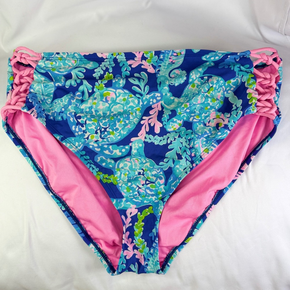 Lilly Pulitzer Bikini Bottoms Womens 12 Blue Pink Sea Turtle High Waist Strappy